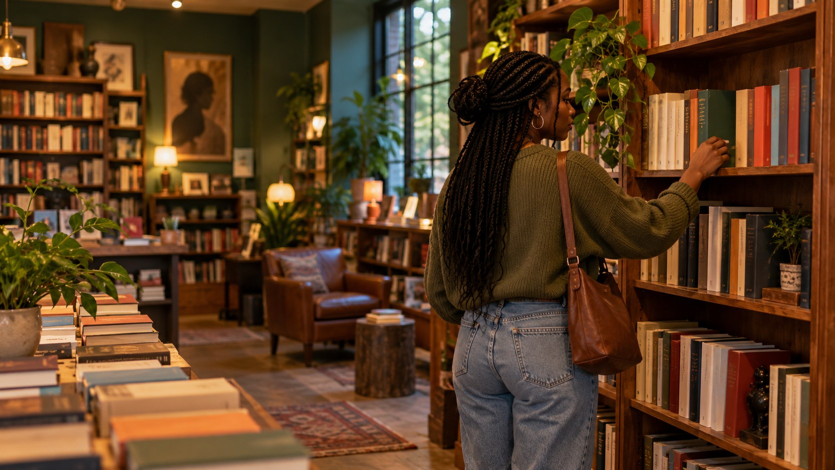 AI-generated editorial illustration of a reader browsing a contemporary Black-owned bookstore.