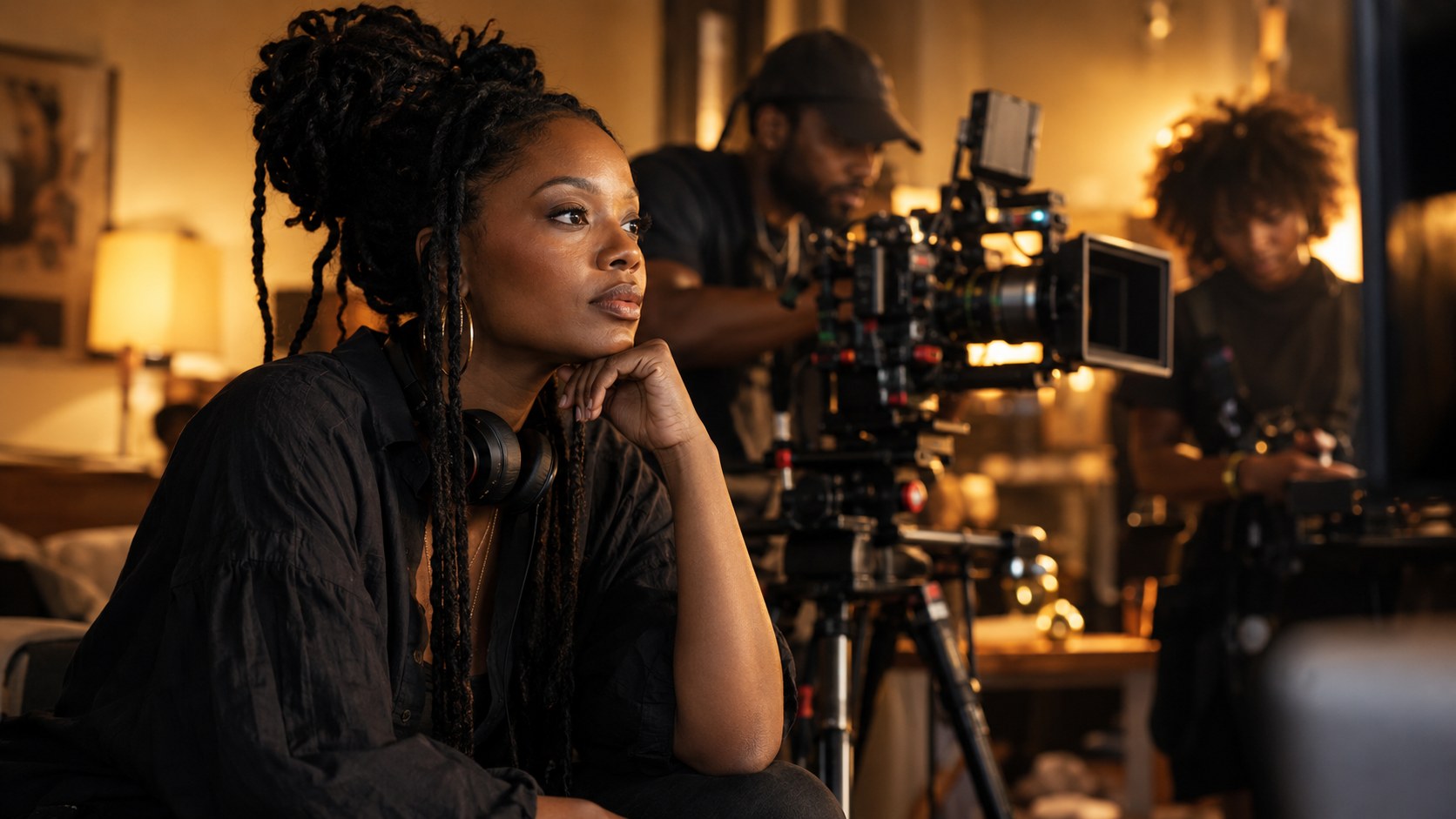 AI-generated editorial illustration of a Black woman directing an independent film crew.