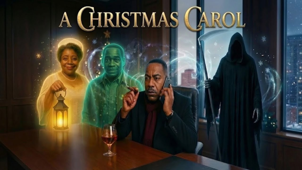All Black Media’s A Black Christmas Carol artwork, with a seated man, two glowing spirits and a hooded figure.