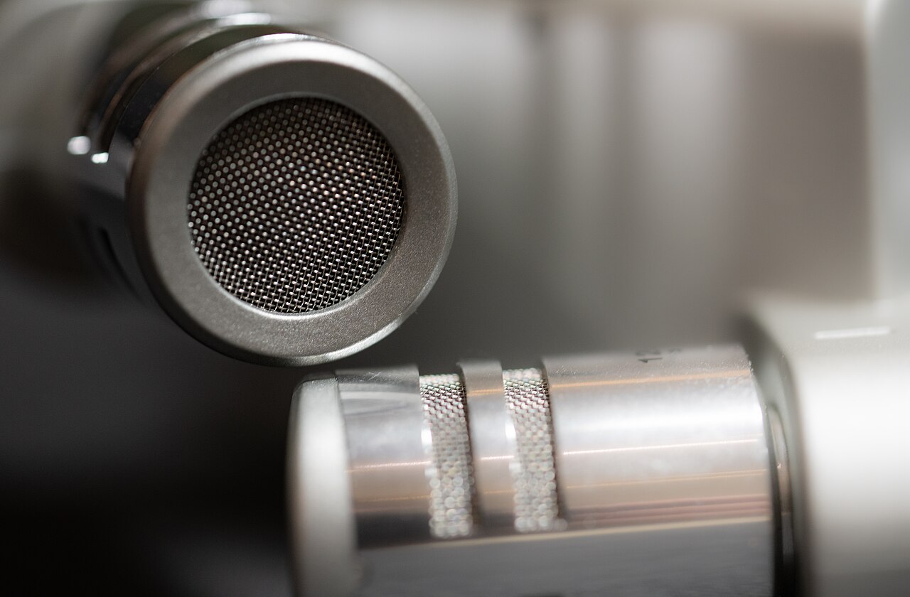 Close-up of the two microphone capsules on a digital audio recorder.