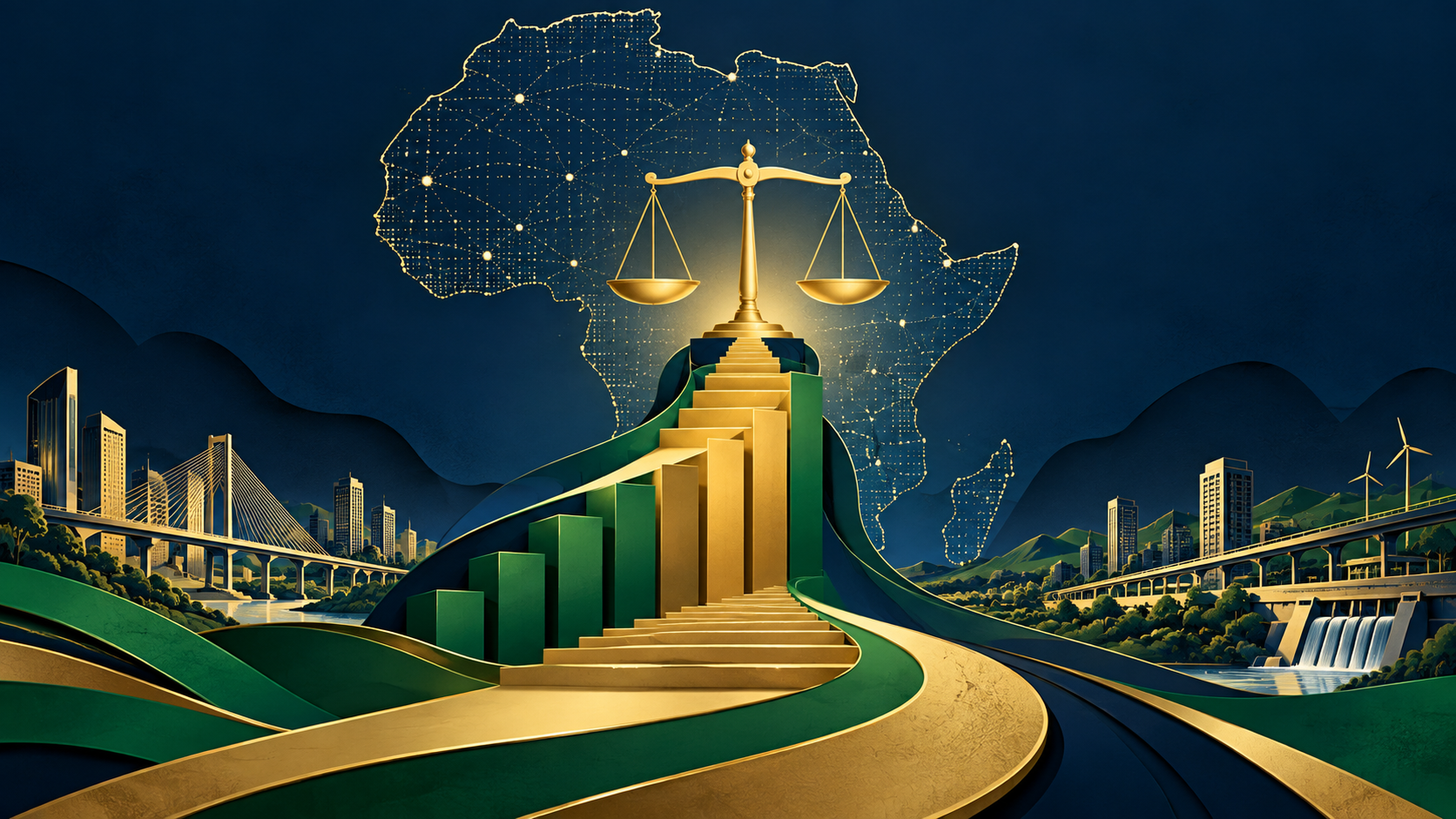 Editorial illustration of a gold balance scale and rising green-and-gold bars in front of a networked map of Africa.