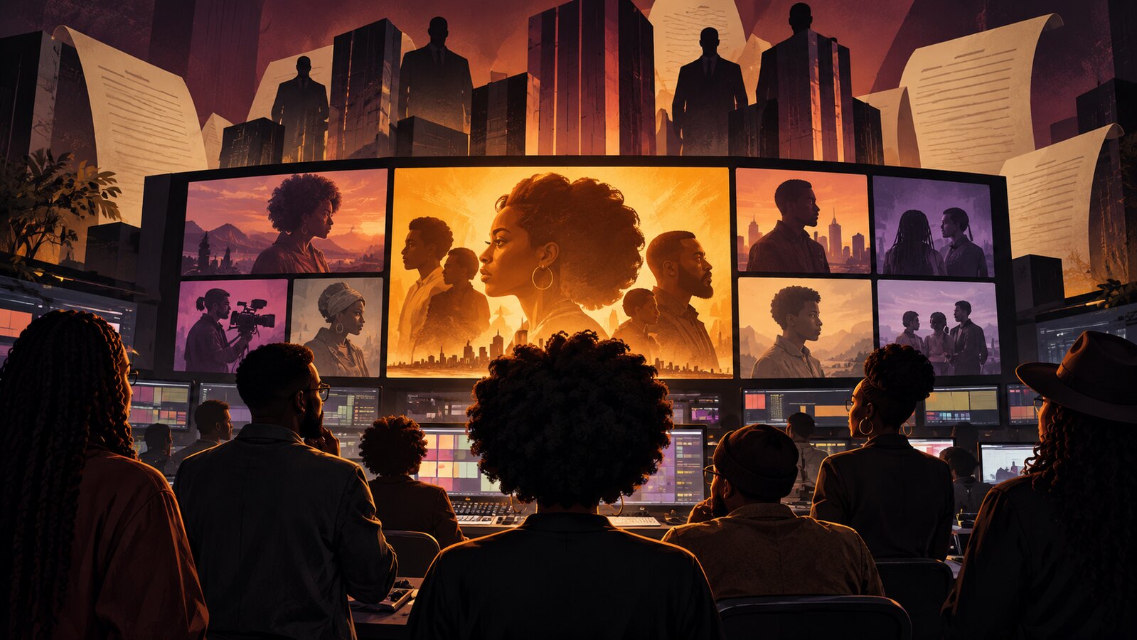 Editorial illustration of Black viewers and media workers facing a wall of television screens beneath corporate towers and contract pages.