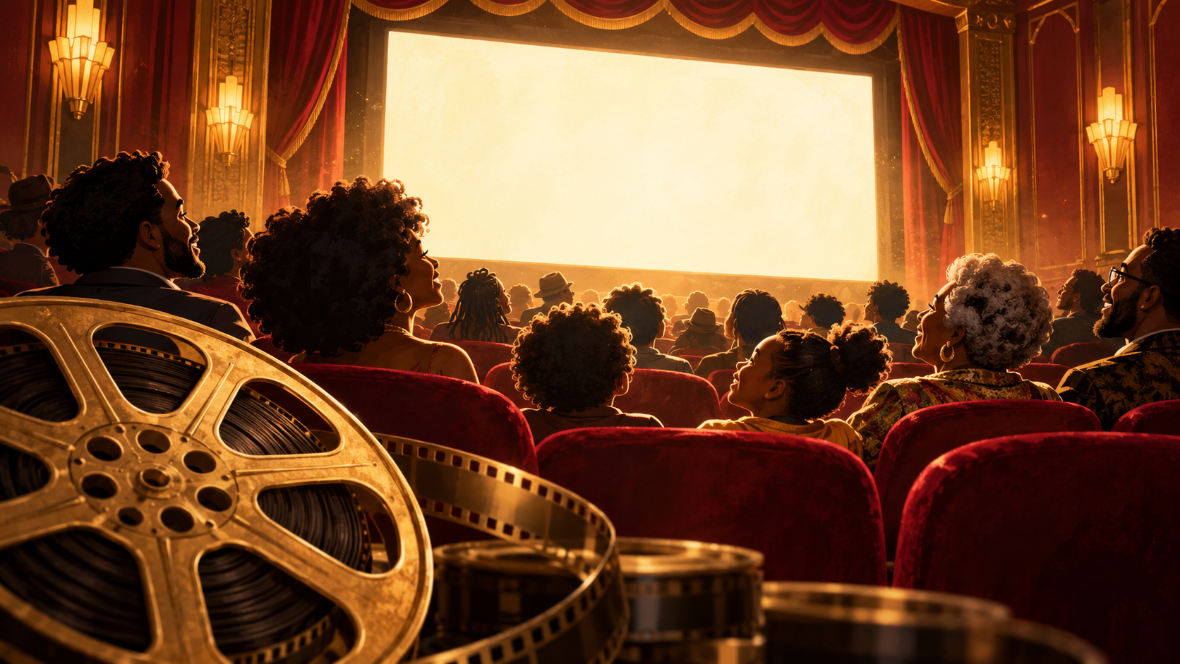 Multigenerational Black audience watching a glowing screen in a burgundy and gold cinema, with a film reel in the foreground.