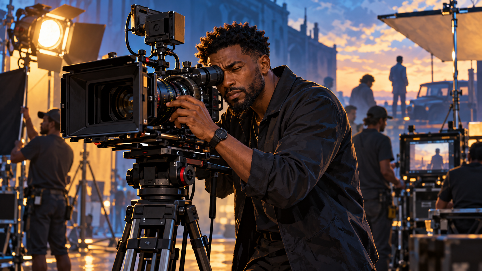 Black male filmmaker looking through a cinema camera on a working film set, in blue and amber light.