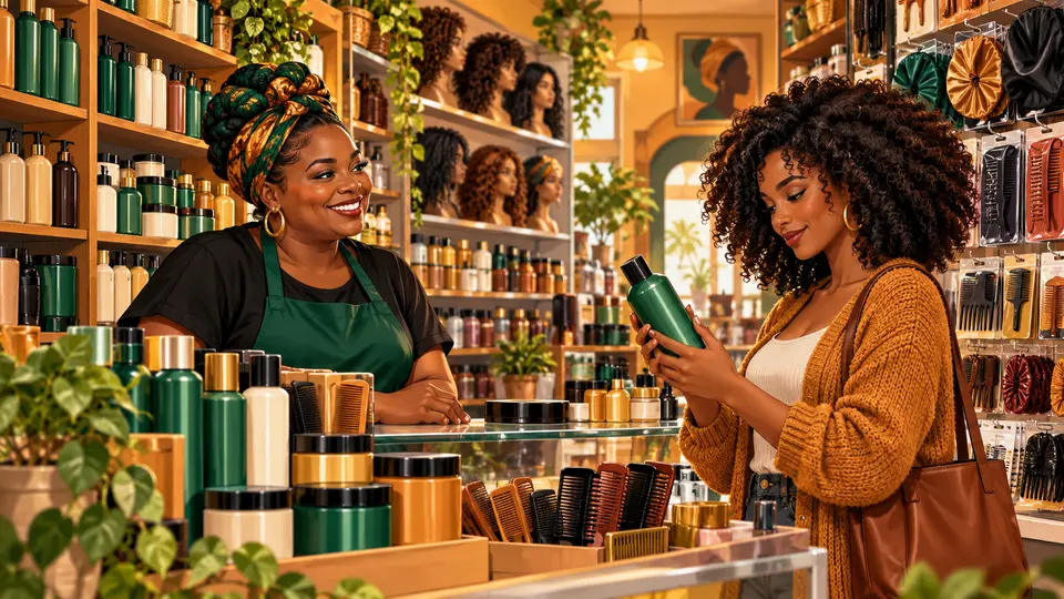 Editorial illustration of a Black beauty-supply shop owner helping a customer examine an unbranded green hair-care bottle