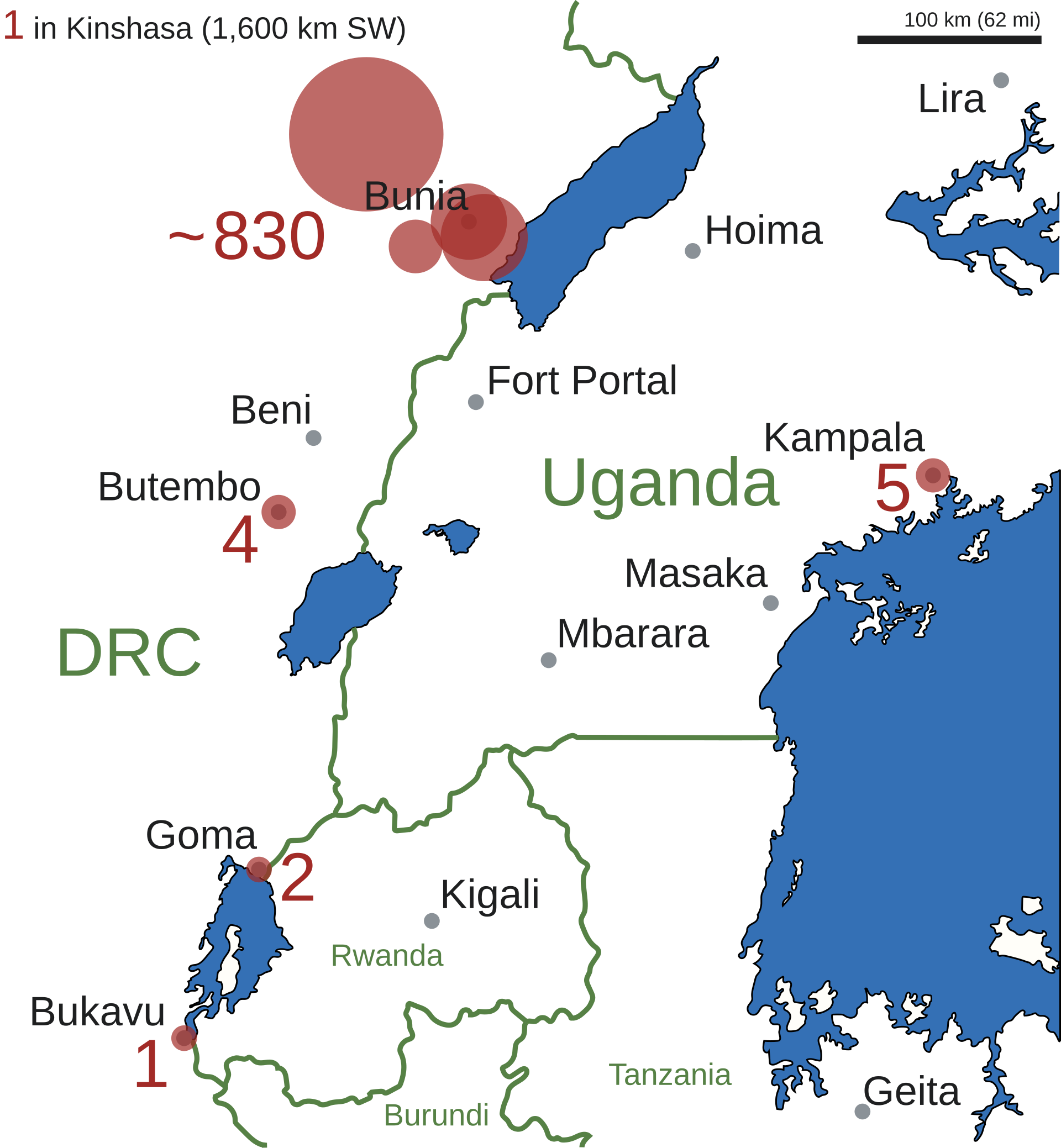 Archive map showing the early geography of the 2026 Ebola outbreak around eastern Democratic Republic of the Congo and Uganda.