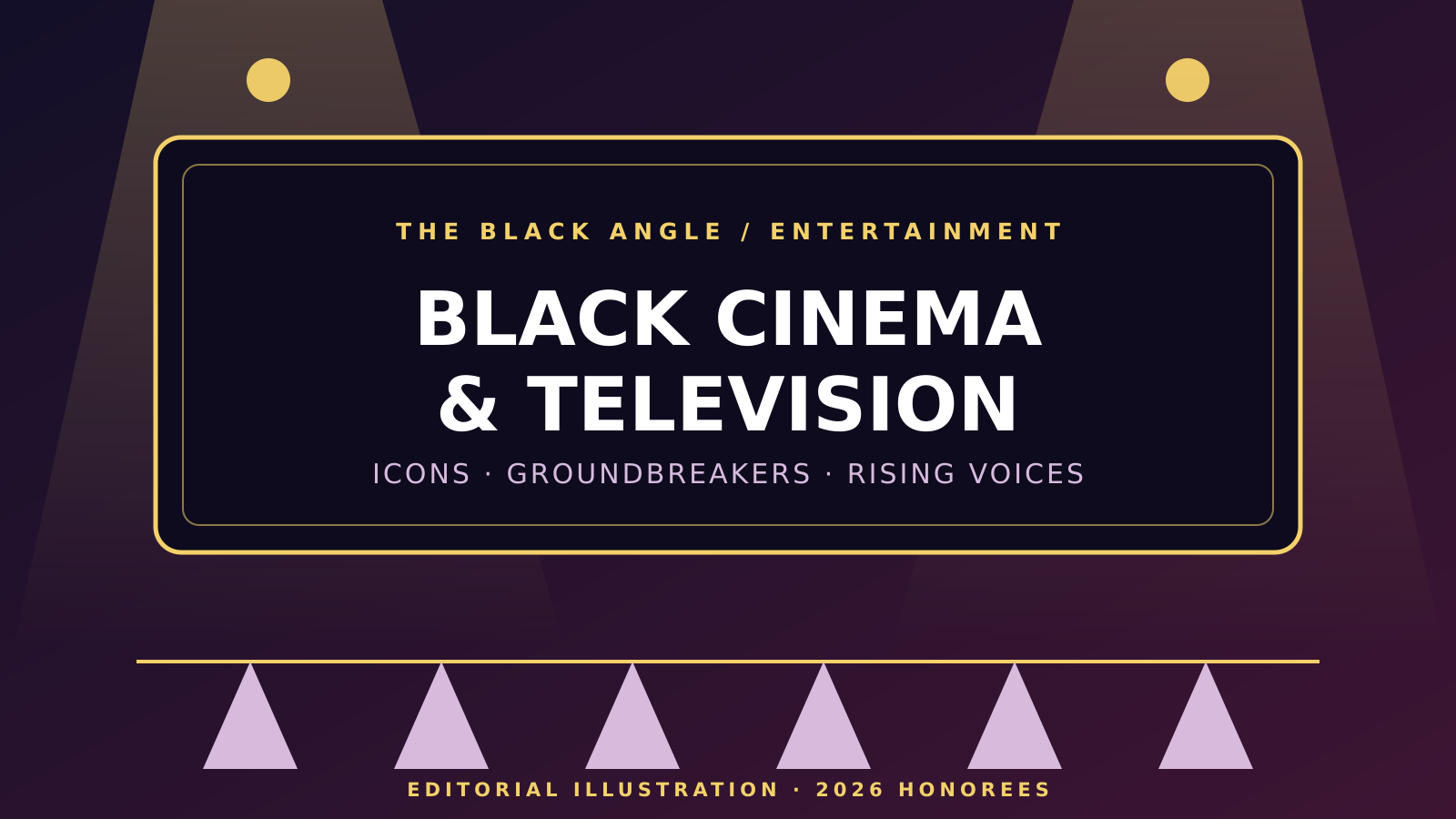 Editorial illustration of a gold-lit cinema marquee reading Black Cinema and Television above a row of abstract theater seats
