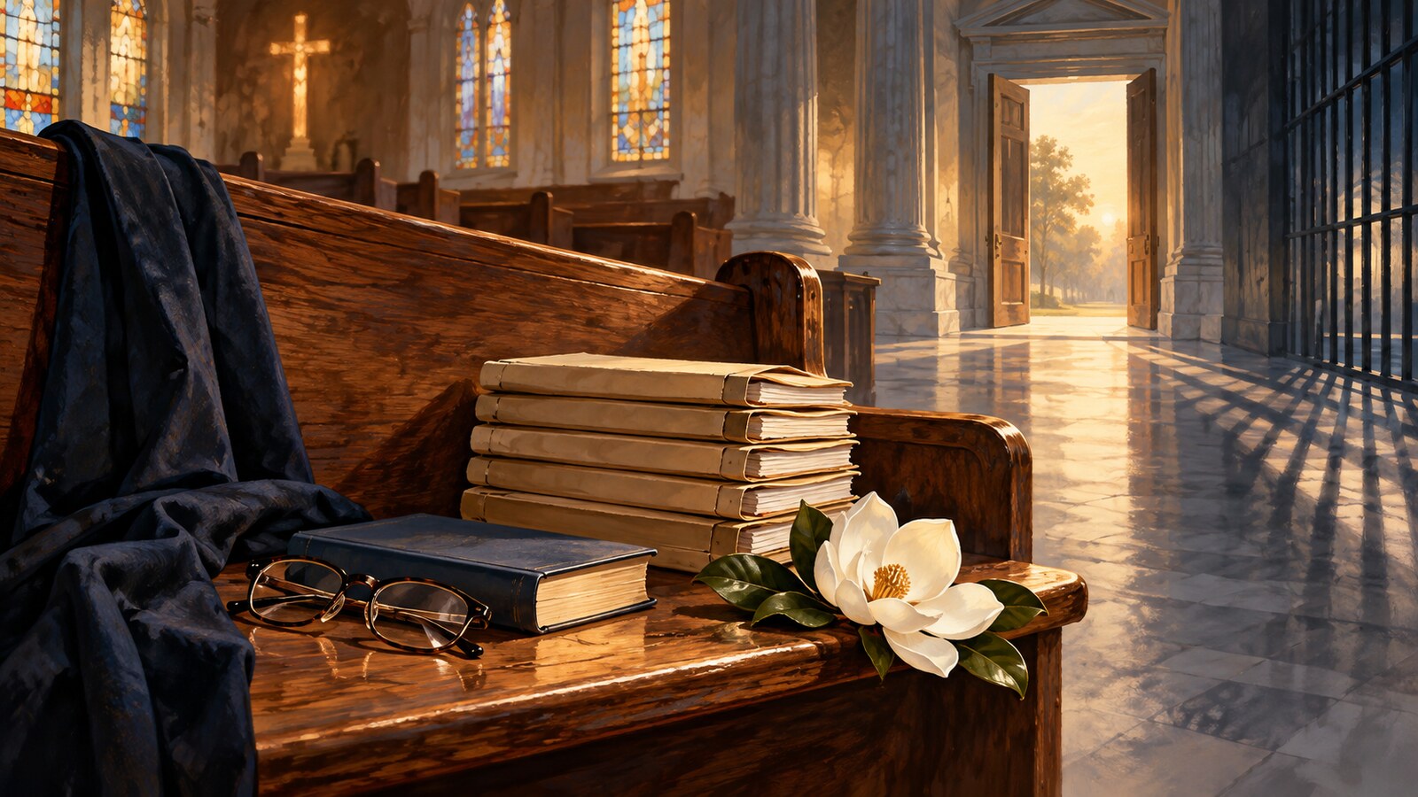 Editorial memorial illustration of eyeglasses, six legal files and a magnolia on a church pew beside fading prison-bar shadows