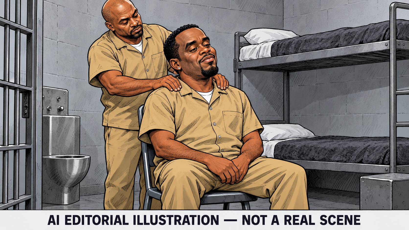 Clearly fictional AI editorial cartoon imagining a fully clothed Combs receiving a shoulder massage in a prison room.