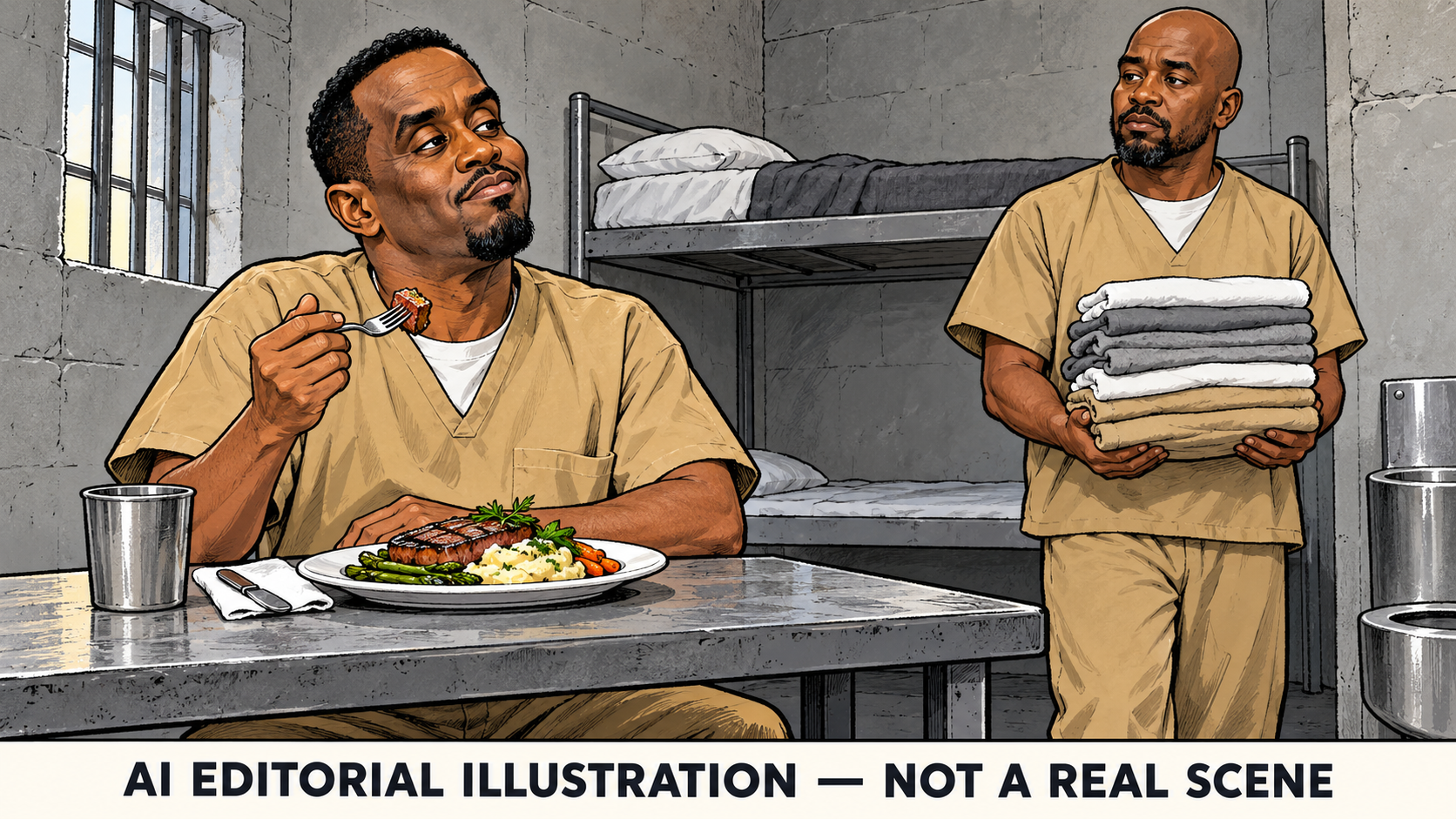 Clearly fictional AI editorial cartoon imagining Combs at a prison table with a meal while another adult holds folded laundry.