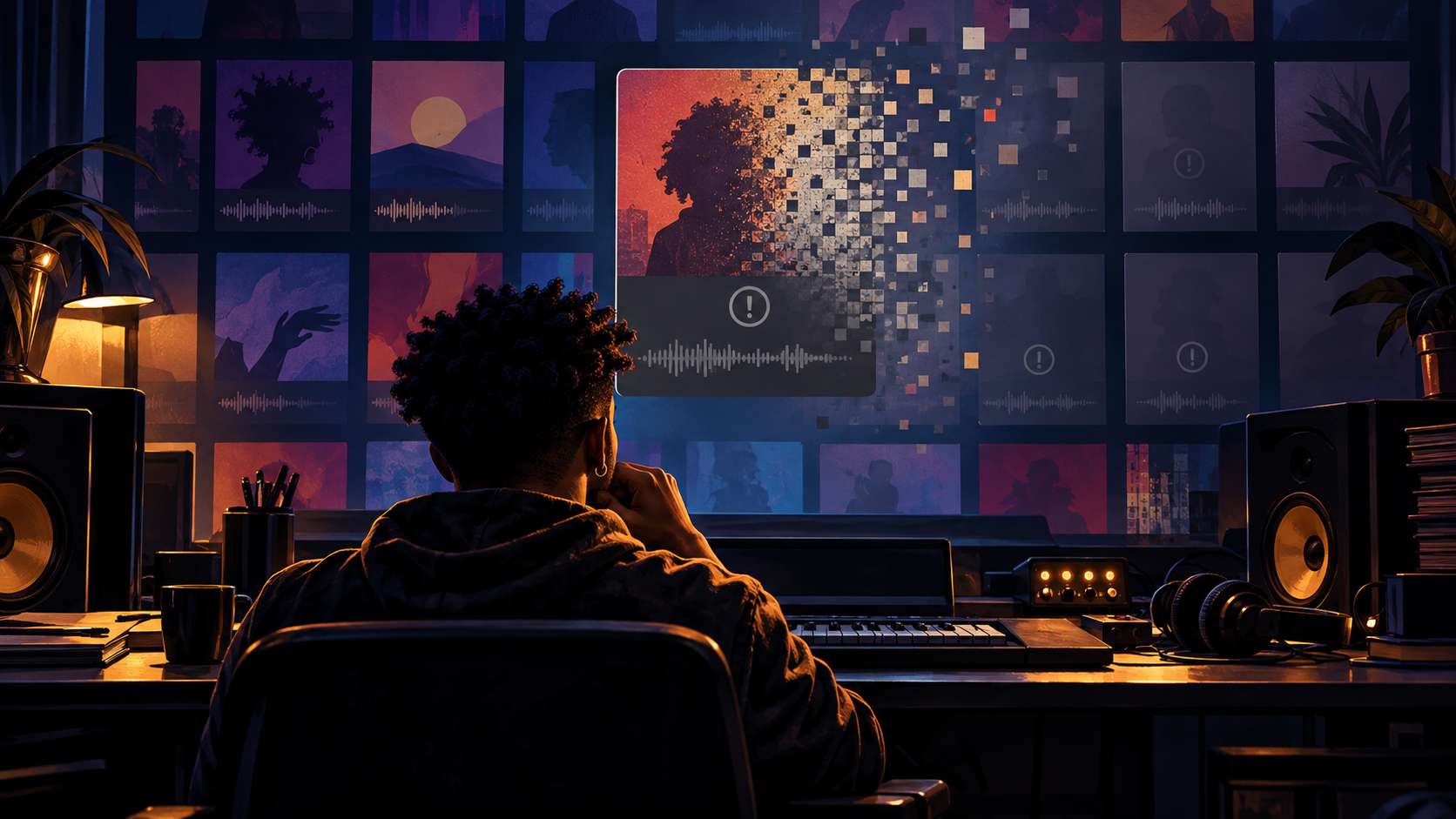 Editorial illustration of a Black independent music producer watching a digital song card dissolve from a catalog screen