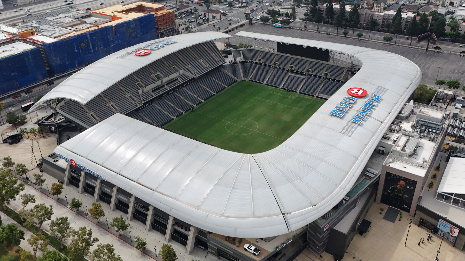 Aerial view of BMO Stadium and its surrounding Los Angeles neighborhood in August 2025.
