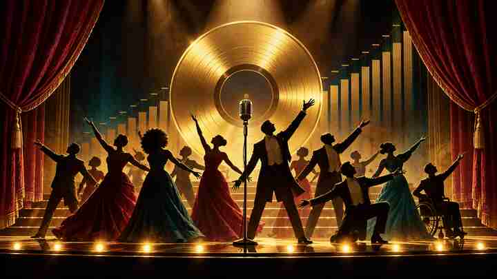 Conceptual illustration of a diverse stage ensemble performing before a gold record and rising chart bars