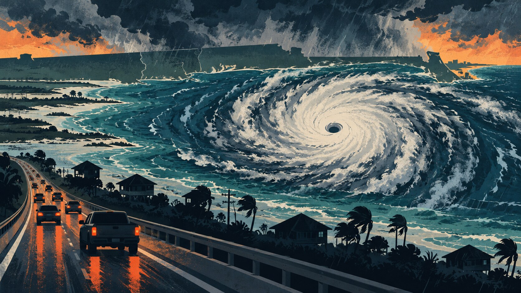 Editorial illustration of a hurricane over the Gulf of Mexico with vehicles traveling inland along a coastal highway