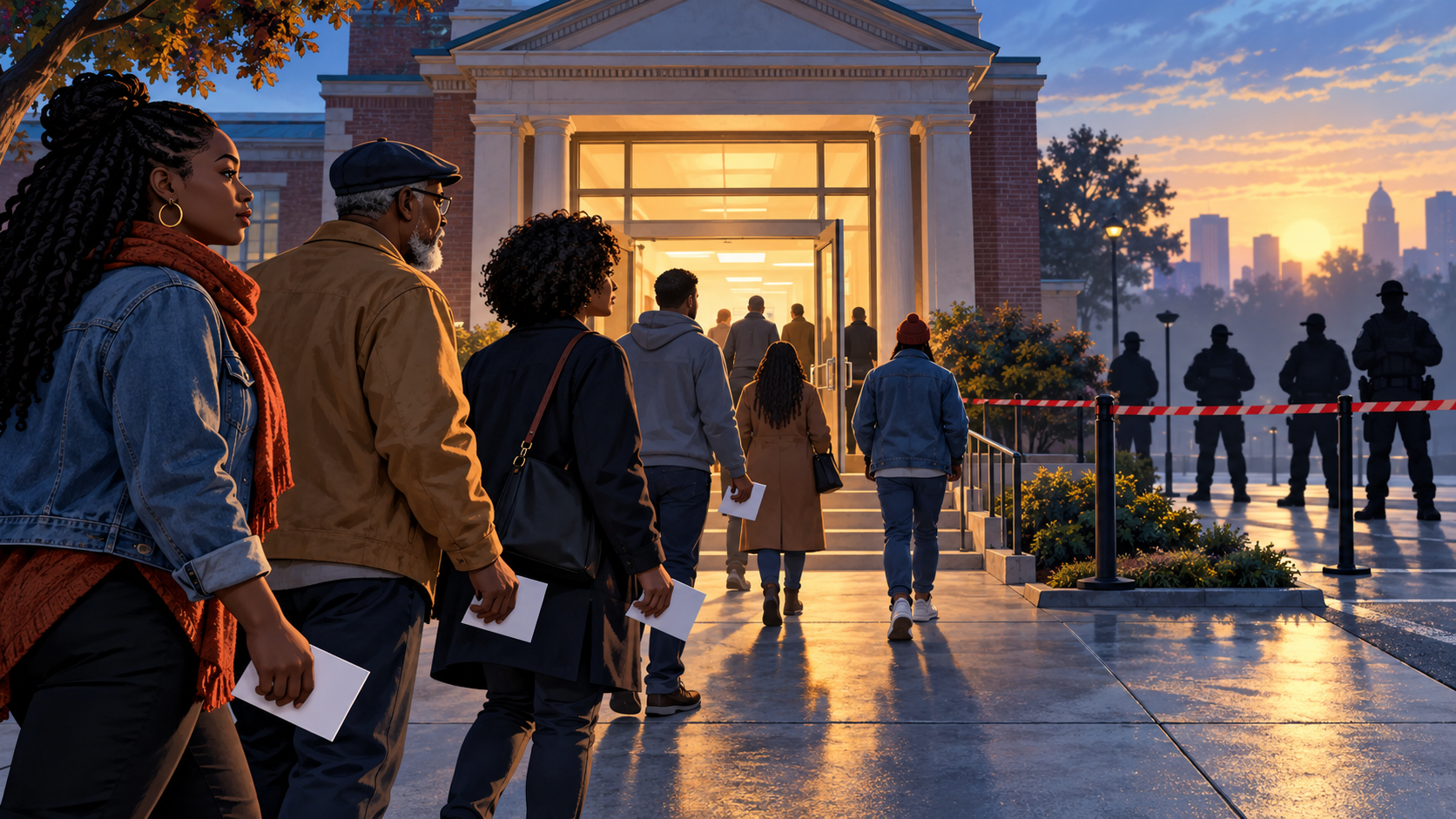 Editorial illustration of Black and other voters walking toward a brightly lit polling place while distant federal-agent silhouettes remain behind a boundary.