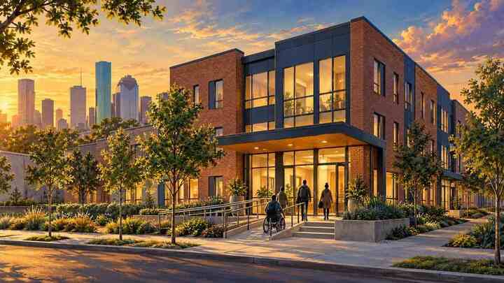 Editorial illustration of a welcoming accessible apartment building at sunset with residents approaching its entrance