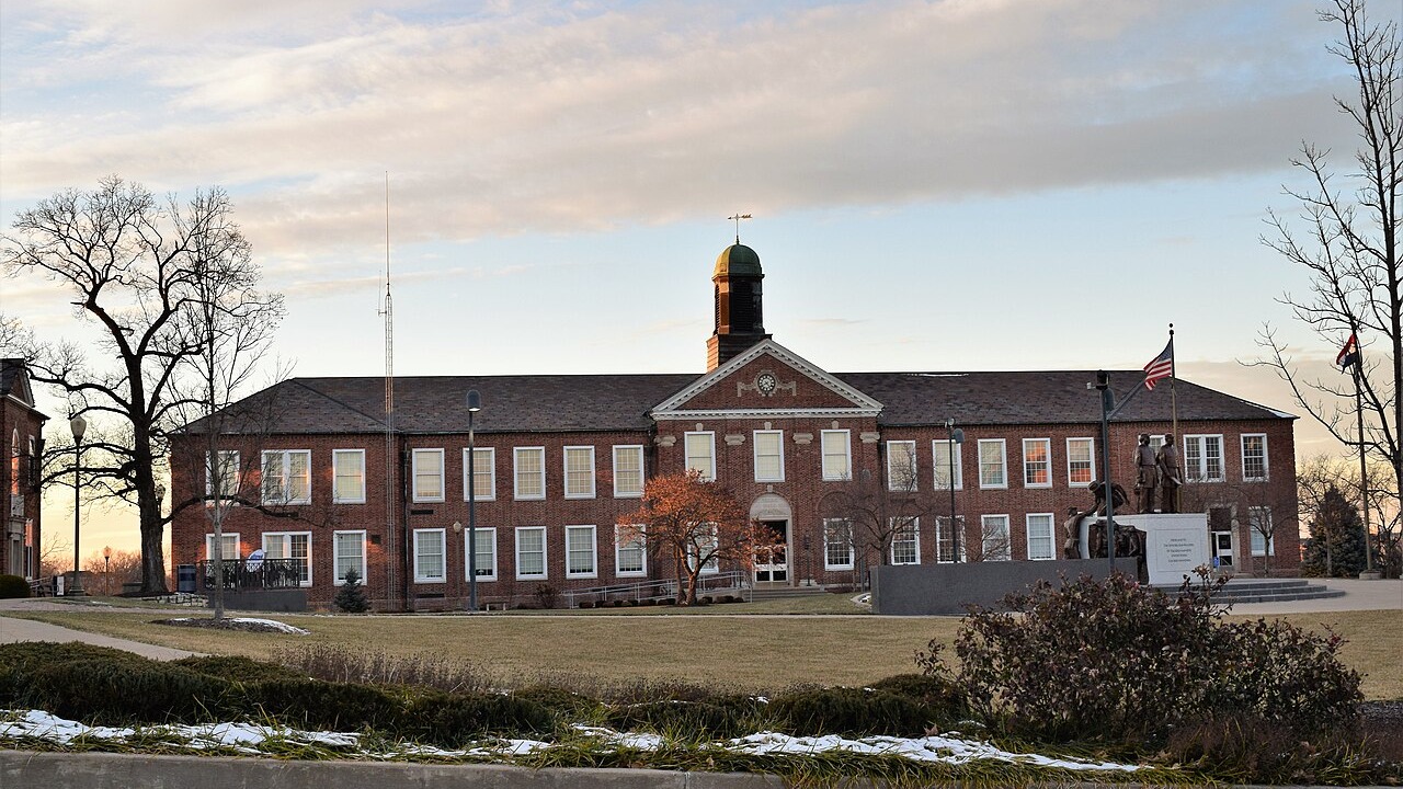 Young Hall and the United States Colored Infantry memorial on the Lincoln University campus in Jefferson City, Missouri.