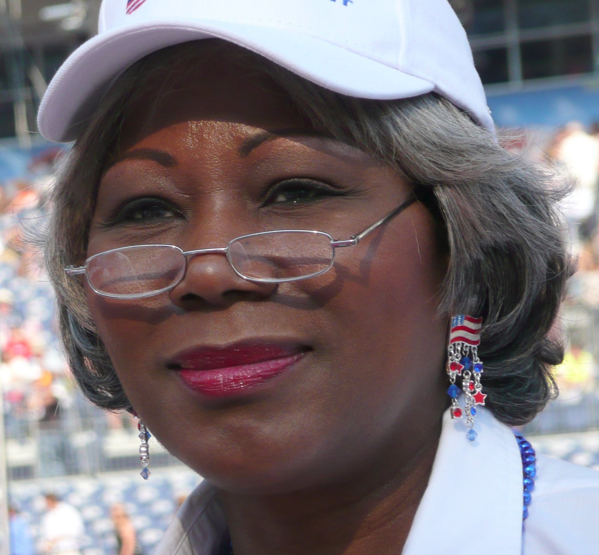 Louise Lucas wearing glasses and an American-flag earring at the 2008 Democratic National Convention.