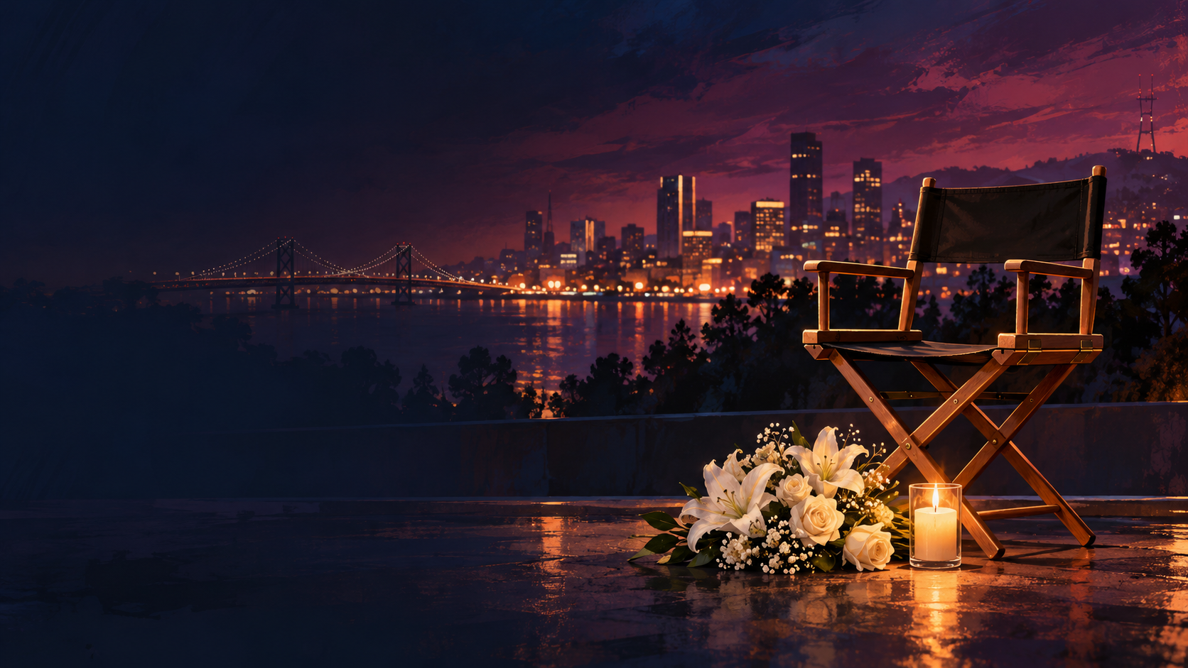 Editorial memorial illustration of an empty director's chair, white flowers and a candle overlooking an Oakland-inspired skyline