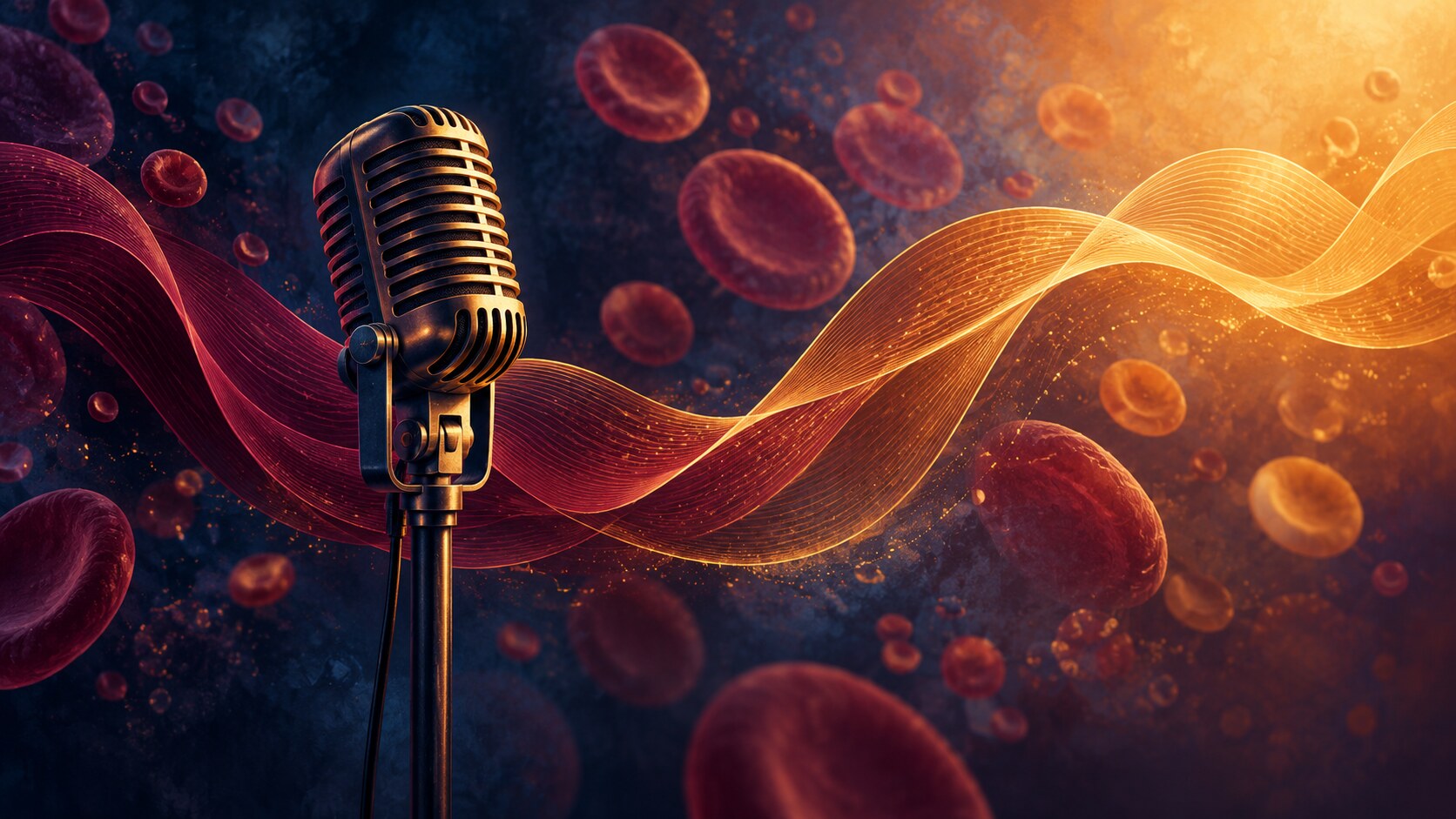 Editorial illustration of a vintage microphone, flowing sound waves and abstract blood cells moving from deep blue into warm gold