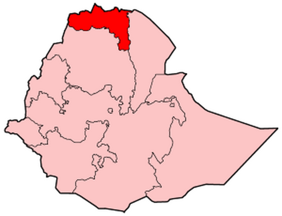 Locator map of Ethiopia with the northern Tigray region highlighted in red.