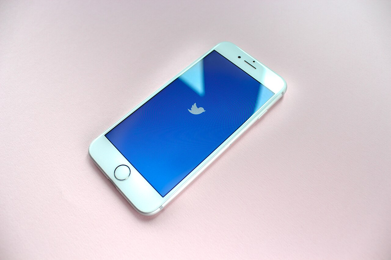 A white smartphone resting on a pale surface, displaying the former Twitter bird logo on a blue screen.