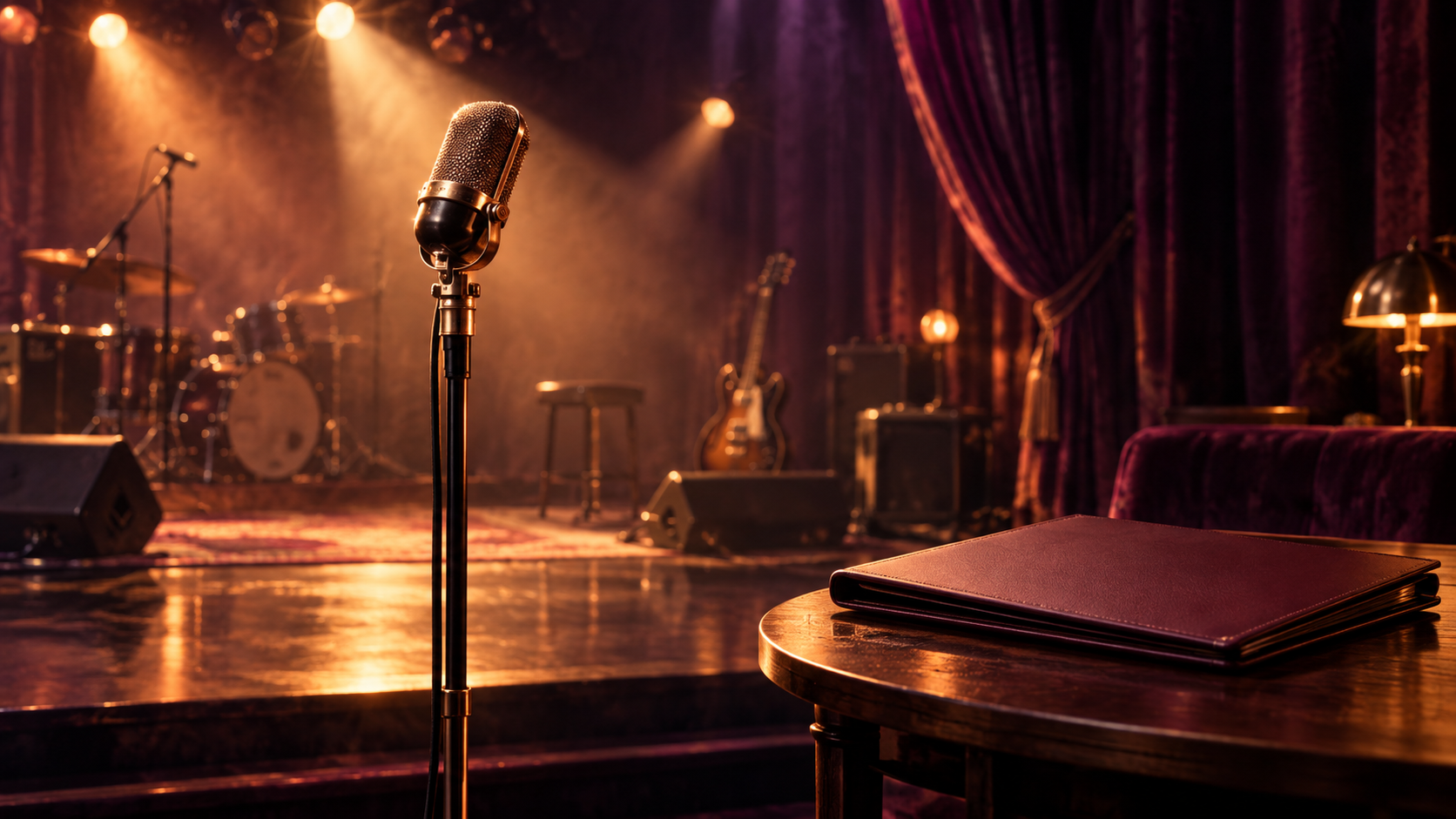 Empty music stage with a foreground microphone and a closed unmarked folder under copper and aubergine lighting.