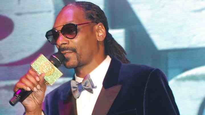 Snoop Dogg wearing sunglasses and a dark suit while speaking into a microphone at a 2015 event