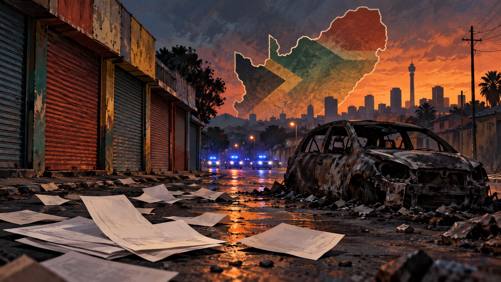 Editorial illustration of closed shops, a burned vehicle and distant police lights beneath a map outline of South Africa