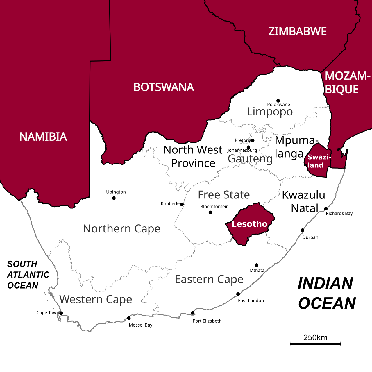 Map of South Africa labeled with its provinces, neighboring countries and major cities.