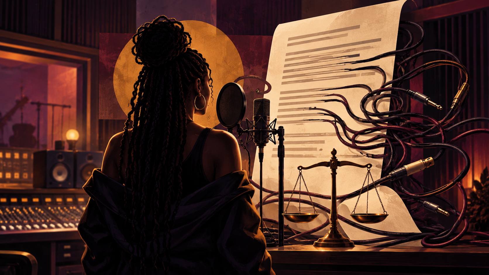 Editorial illustration of an anonymous Black woman at a studio microphone facing a contract tangled in audio cables
