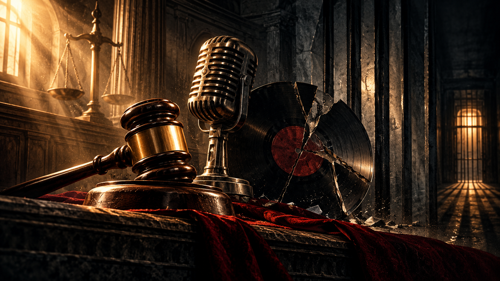 Conceptual editorial illustration of a judge's gavel, vintage microphone and fractured vinyl record beside prison-bar shadows