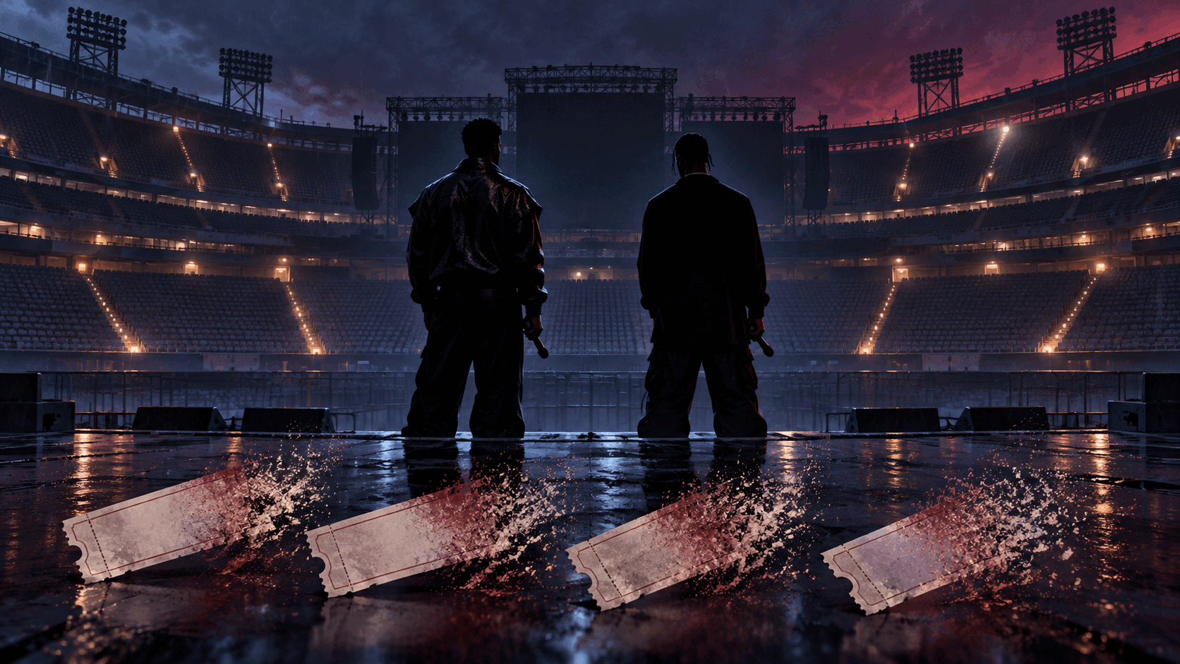 Editorial illustration of two anonymous Black singers facing an empty stadium as four concert tickets dissolve