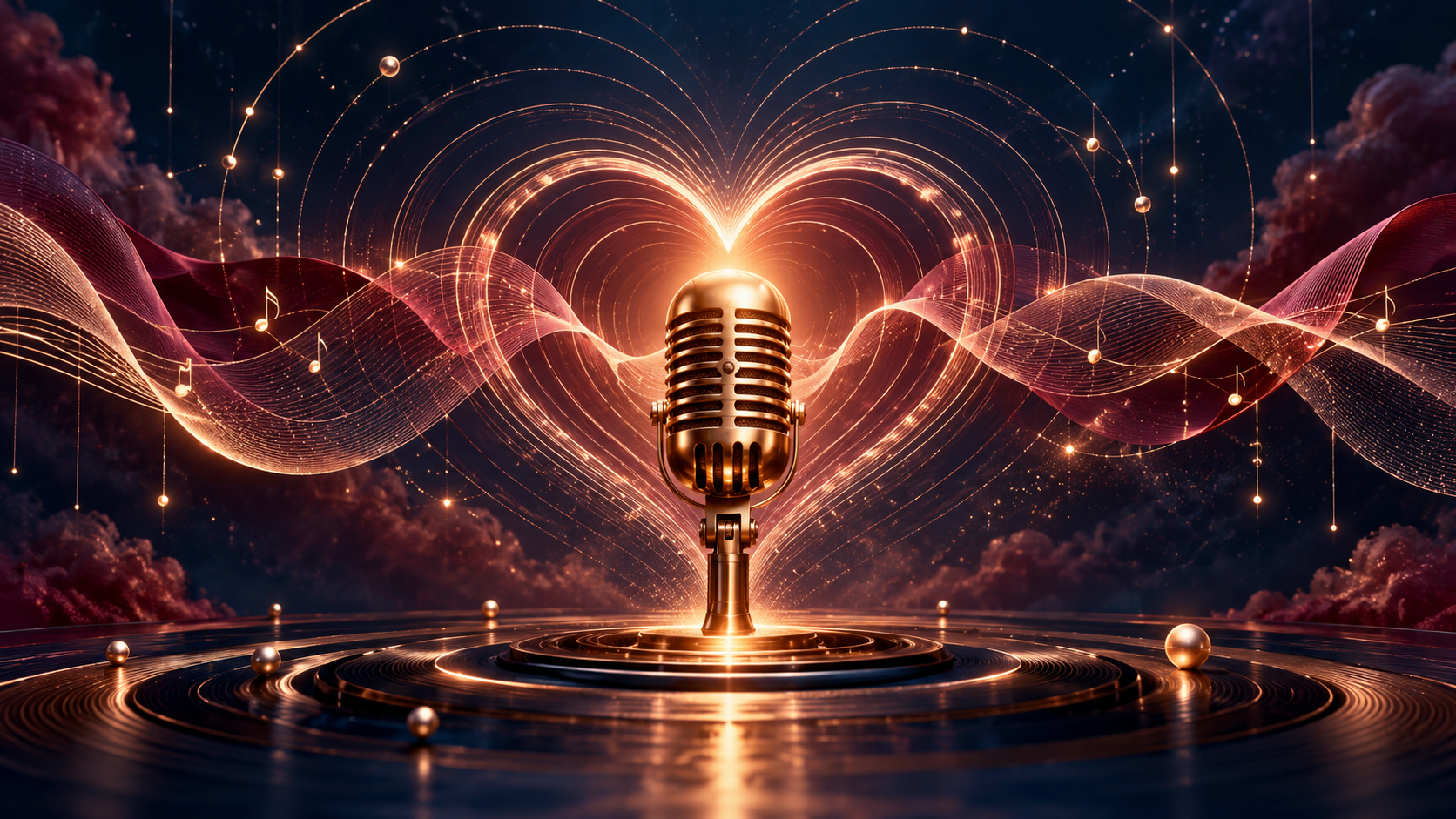 Editorial illustration of a gold microphone surrounded by rose-gold sound waves forming a heart against a midnight-blue sky.