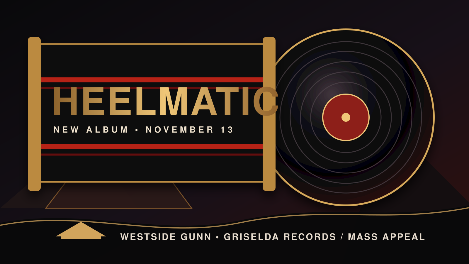 Editorial illustration combining a wrestling ring, vinyl record and pyramid motif around the word HEELMATIC